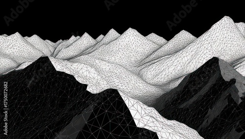 A 3D digital depiction of a mountain range, featuring wireframe rendering over dark shades