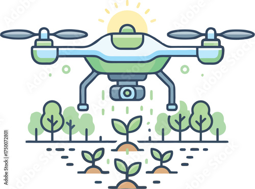 Agricultural Drone Flying Over Farm Field for Smart Farming and Precision Agriculture Vector Illustration