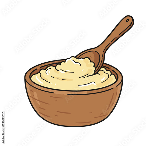 Creamy mashed potatoes in wooden bowl with spoon  