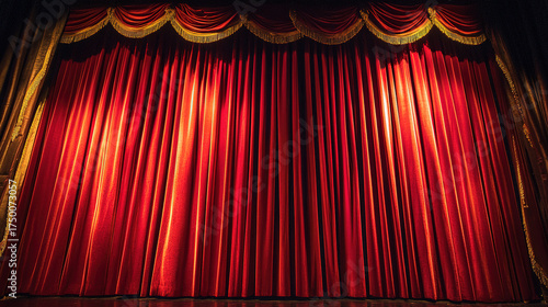 Dramatic red velvet theater curtains with golden details, illuminated by a spotlight.