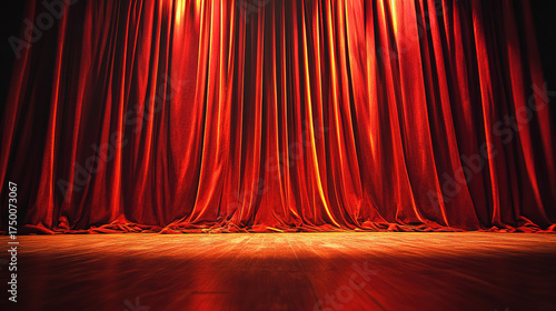 Dramatic red velvet theater curtains with golden details, illuminated by a spotlight.
