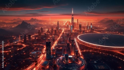 Futuristic Cityscape at Sunset - A Vision of Tomorrows Urban Landscape.