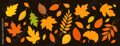 A set of autumn leaves isolated on a brown background. Hello autumn. Elements for autumn designs. Vector EPS 10.