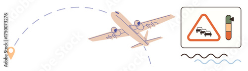 Airplane flying on curved path, traffic warning sign, pollution meter, and stylized waves. Ideal for travel, environment, transportation, logistics, safety pollution and global connections in