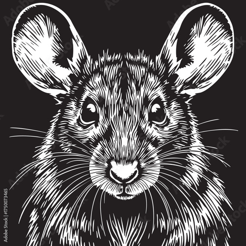 Detailed Mouse Silhouette Vector — Black and White Illustration of Forward-Facing Rodent with Whiskers, Fur Texture, and Expressive Eyes
