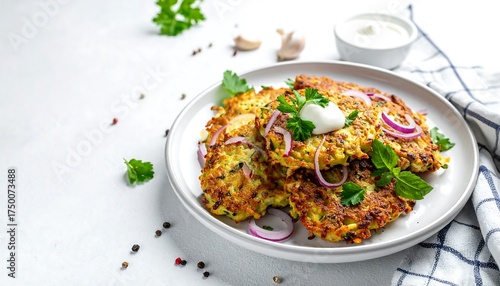A close-up shot of fried golden-brown fritters garnished with red onion slices, herbs, and a dollop of cream sauce on a plate