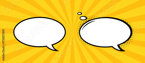 A set of oval speech bubbles or elements of cartoon design, comics, on a yellow background with rays. Vintage pop art style design. Vector EPS 10.