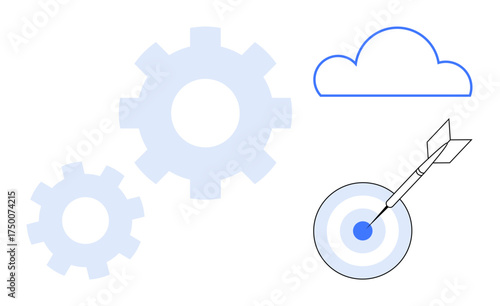 Gears signify process optimization, cloud implies technology, and target with arrow symbolizes goal achievement. Ideal for technology, business strategy, innovation, productivity, cloud computing
