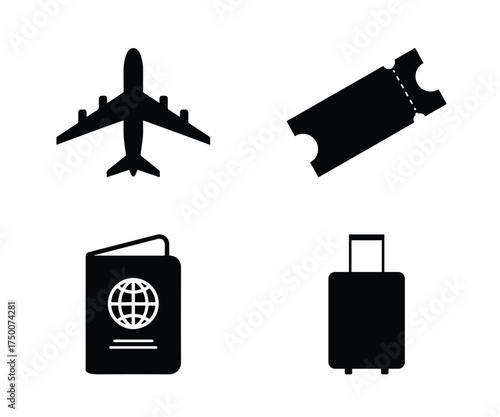 Airplane, ticket, passport and luggage icons isolated on white background