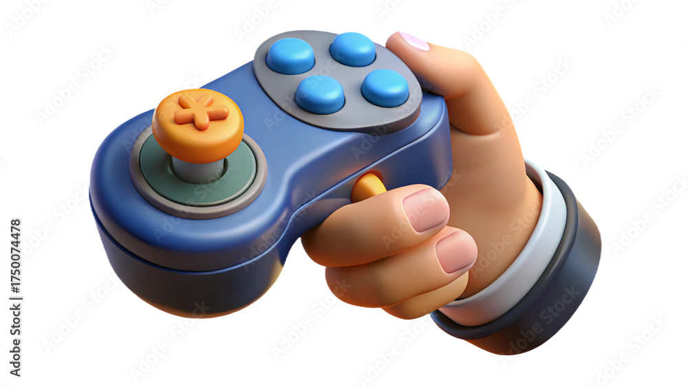 Fototapeta premium Cartoon hand holding holding control joystick game isolated transparent background 3d illustration