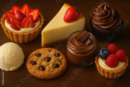 Wallpaper Mural Assorted gourmet desserts on wooden table
 Torontodigital.ca