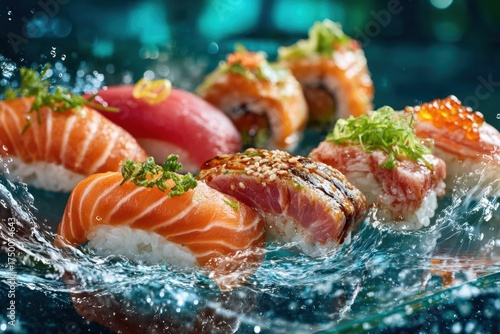 Sushi Variety Splashing in Water on Dark Background