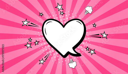 Vector comic book template with a heart-shaped speech bubble with pink radial rays and a semitone. Vintage background for superhero comic book posters. Vector EPS 10.