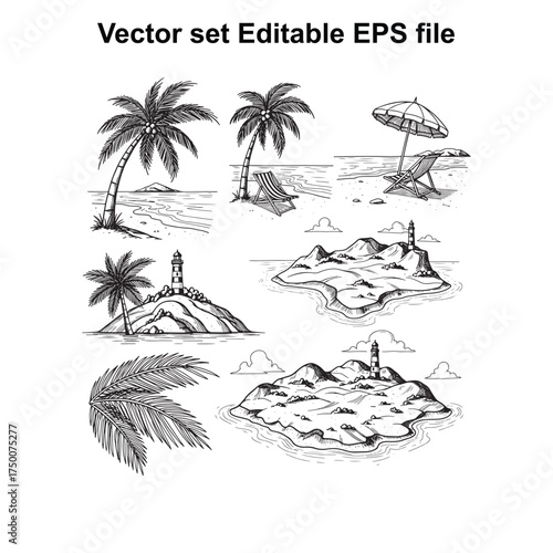 Vector art of collection of tropical island and beach scenes, featuring palm trees, lighthouses, and beach furniture like umbrellas and chairs, evoking a sense of vacation and coastal paradise