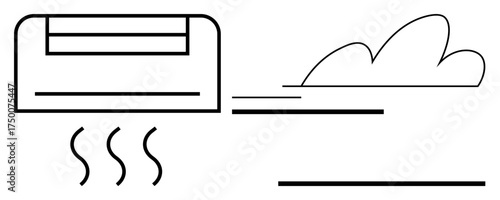 Air conditioner releasing cool airflow, symbolized by wavy lines and a cloud. Ideal for comfort, home, climate, energy efficiency, environment, summer temperature control. Simple flat metaphor