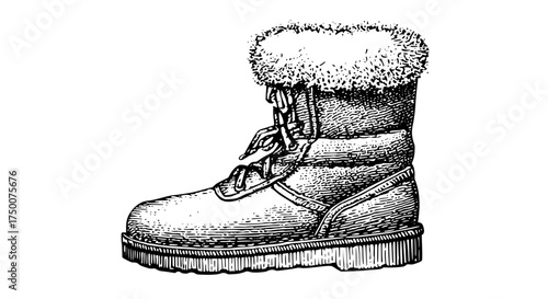 a black and white drawing of a pair of boots with furboot, draw, drawing, fur, illustration, shoe, sketch 