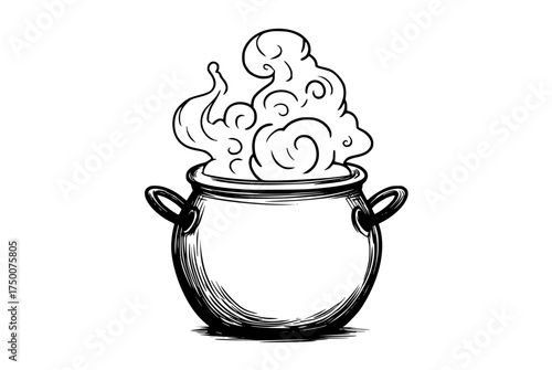 a black and white drawing of a pot filled with steamblack, boiler, caldron, draw, food, hot, illustration, kitchenware, lid, liquid, pot, sketch, steam, stew, tea pot 