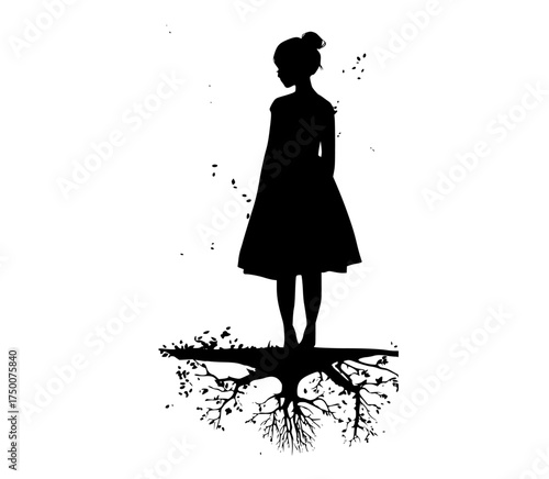 a silhouette of a girl standing on a floating platform with roots, surrounded by leavesblack, dress, floor, girl, illustration, profile, root, stand, tree, tree root, woman 