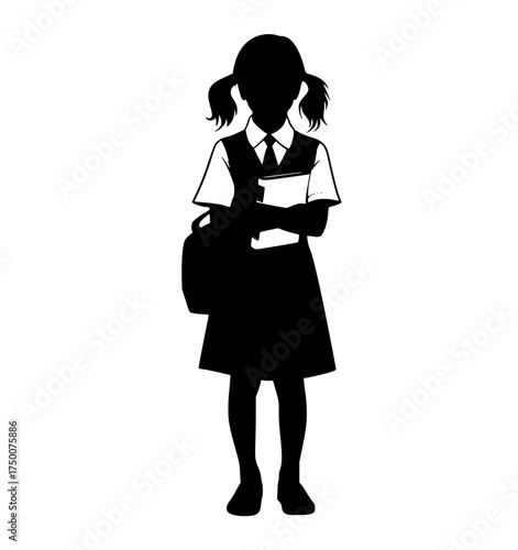 a silhouette of a girl in school uniform holding a book and a bagblack, book, catch, clipboard, dress, folder, girl, profile, read, school, school uniform, stand, student, uniform, woman 