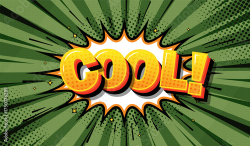 A template for cartoon comics with the text "cool" in a speech bubble, green radial rays. A pop art style template for comics, with a speech bubble and a message. Vector EPS 10.