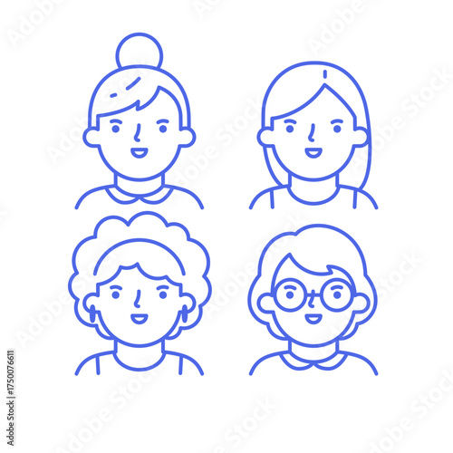 Vector icon set of women avatars in linear style. Young female characters with various haircuts. Editable stroke design for user interface, social networks and messengers isolated on white background