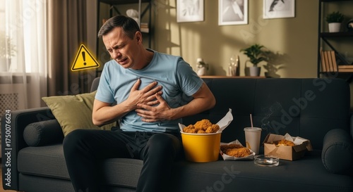 Heart Attack Symptom in Middle-Aged Man Sitting on Sofa