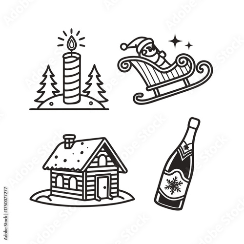 Rustic christmas scene icons log cabin snowman sled and bottle isolated isolated on transparent background
