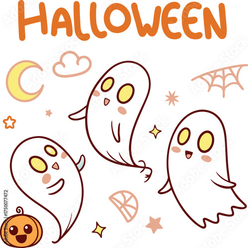 Cute halloween ghosts friends with face expressions conceived dirty trick. Hand drawn magic characters for kids. Lettering text greeting card. Doodle friendly creatures for poster, invitation. Vector