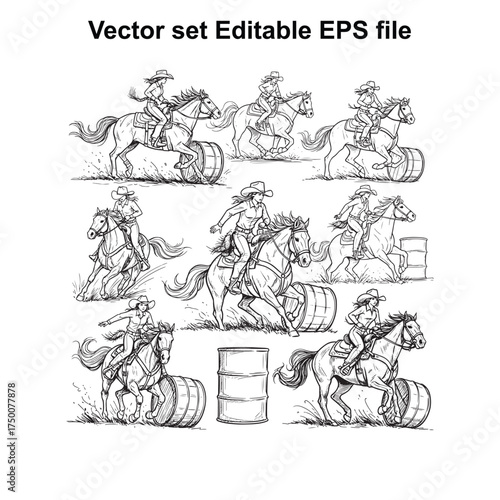 Vector art of dynamic illustration of cowboys and cowgirls in a rodeo competition, skillfully riding horses around barrels, capturing the excitement and action of the wild west