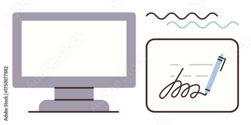 Computer screen beside a stylized signature with pen and wavy lines for emphasis. Ideal for technology, electronic signing, digital workflow, online agreements, contracts, business, simple flat