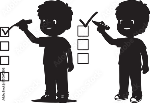 Two cartoon boy silhouettes filling out a checklist with a pen isolated on white background silhouette