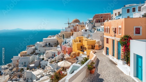 Fototapeta Naklejka Na Ścianę i Meble -  Traditional houses churches and streets of Santorini Island Greece