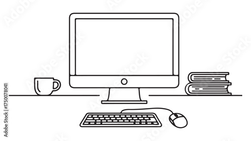 Minimalist Workspace Illustration with Computer, Coffee, and Books