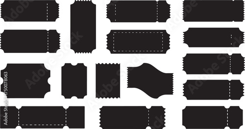 Set of black ticket silhouettes in various shapes with perforated edges on a transparent background. Ideal for creating ticket, voucher, coupon, and invitation designs..