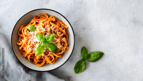 Delicious pasta with tomato sauce, basil and cheese on served gray textured table, flat lay, top view