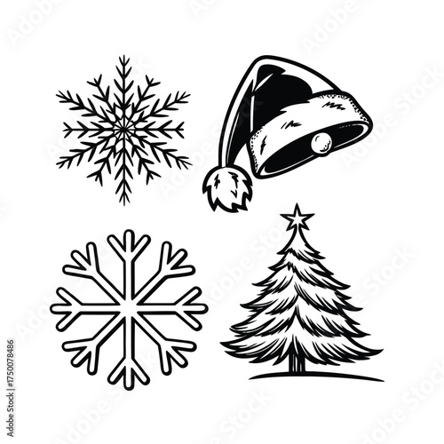 Christmas icons snowflake santa hat fir tree hand drawn style festive collection isolated on transparent background