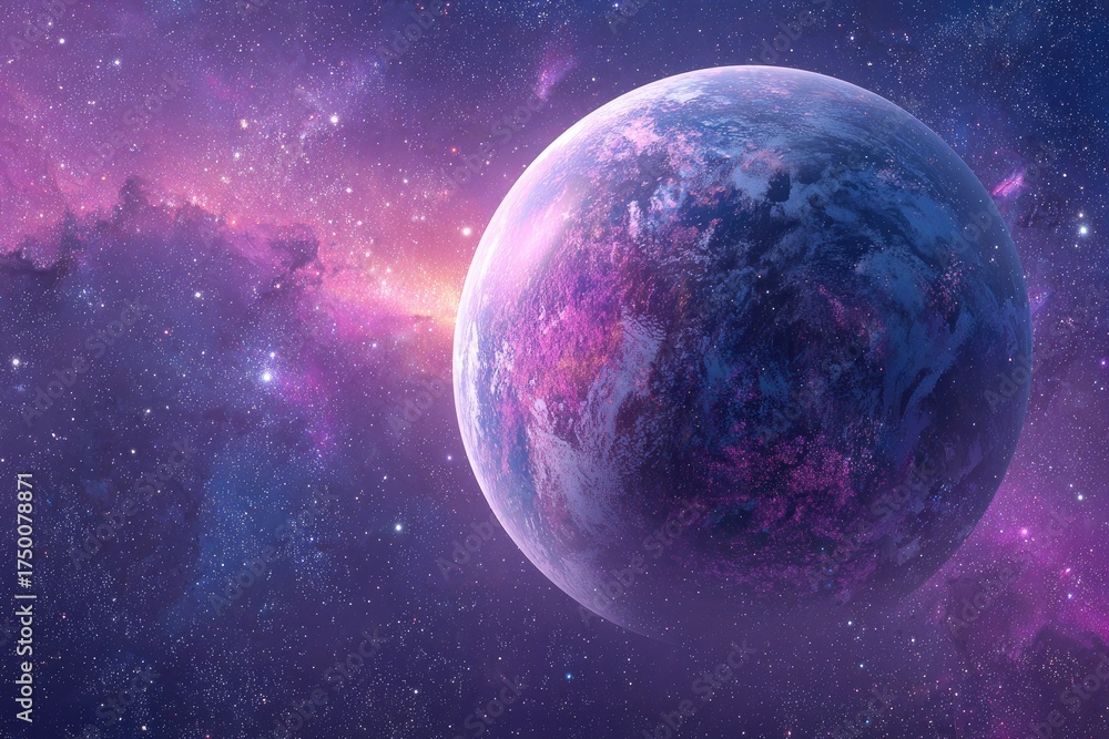 Obraz premium A celestial orb, half lit, surrounded by vibrant nebulas and scattered stars in the cosmic expanse