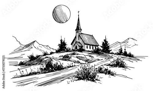 church in mountain landscape with moon hand drawn sketch. Rustic chapel on hill with pine trees and alpine peaks vintage ink illustration