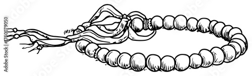 Prayer beads bracelet with tassel hand drawn sketch. Vintage rosary or meditation mala beads artistic ink illustration
