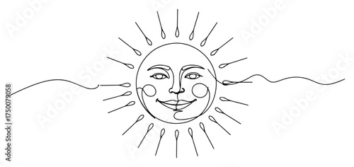 Artistic sun with face celestial sketch. Hand drawn bohemian solar symbol with wavy rays minimalist decorative illustration