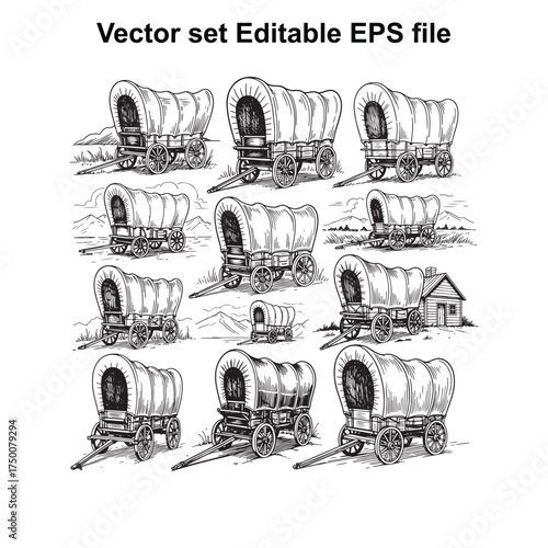 Vector art of vintage covered wagons in a row, historical transport, western expansion, pioneer journey