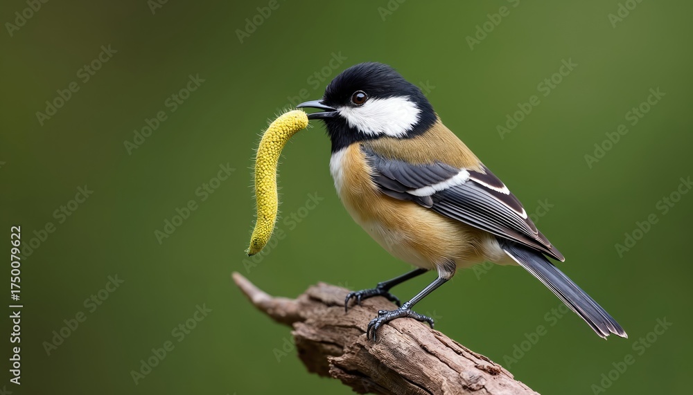 Obraz premium Small bird Coal Tit with yellow grub in beak. Perched on old dead tree branch. Nature wildlife scene. Bird gathers food for chicks. Spring nesting season.