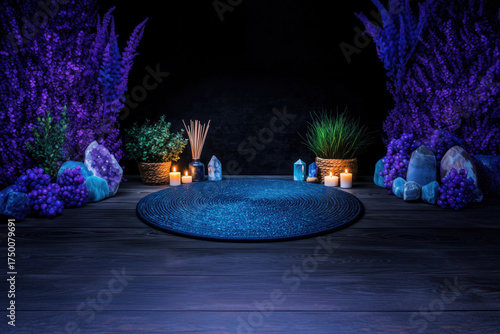 Top view of a peaceful meditation setting with a round yoga mat, lit candles, incense sticks, and lavender arranged neatly around on a natural wooden floor in dim lighting.