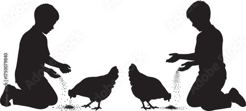 Two children kneeling and feeding chickens in a silhouette isolated on white background
