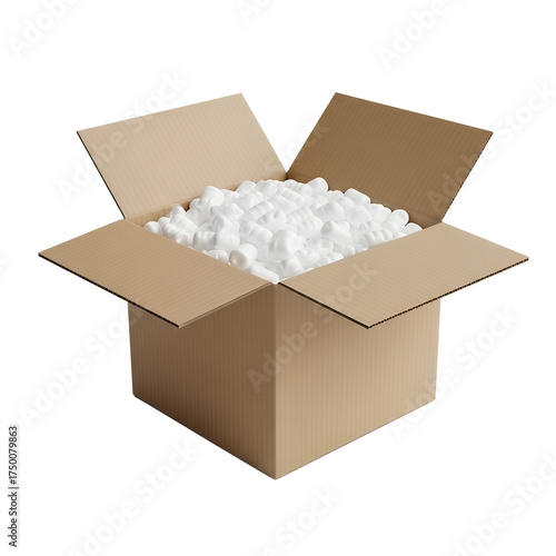 Open cardboard box filled with white packing peanuts for shipping