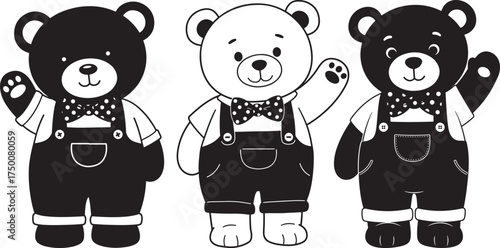 Three teddy bear characters in overalls and bow ties waving hello isolated on white background silhouette
