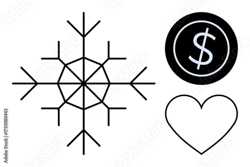Geometric snowflake, bold dollar sign in circle, and outlined heart shape. Ideal for winter holiday, finance, love, relationship, minimalism abstract themes and conceptual design. Simple flat