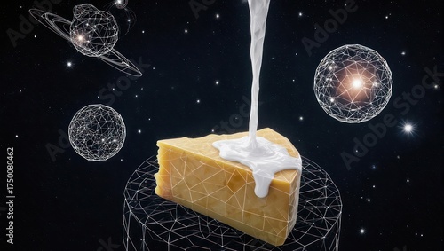 A cosmic scene depicts a cheese wedge with milk being poured, surrounded by spheres and planets