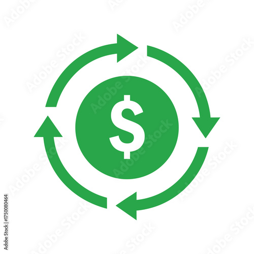 Green Dollar Coin with Circular Arrows Icon money circulation On Transparent Background