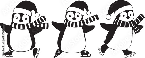 Three cute cartoon penguins wearing santa hats and scarves ice skating silhouette isolated on white background